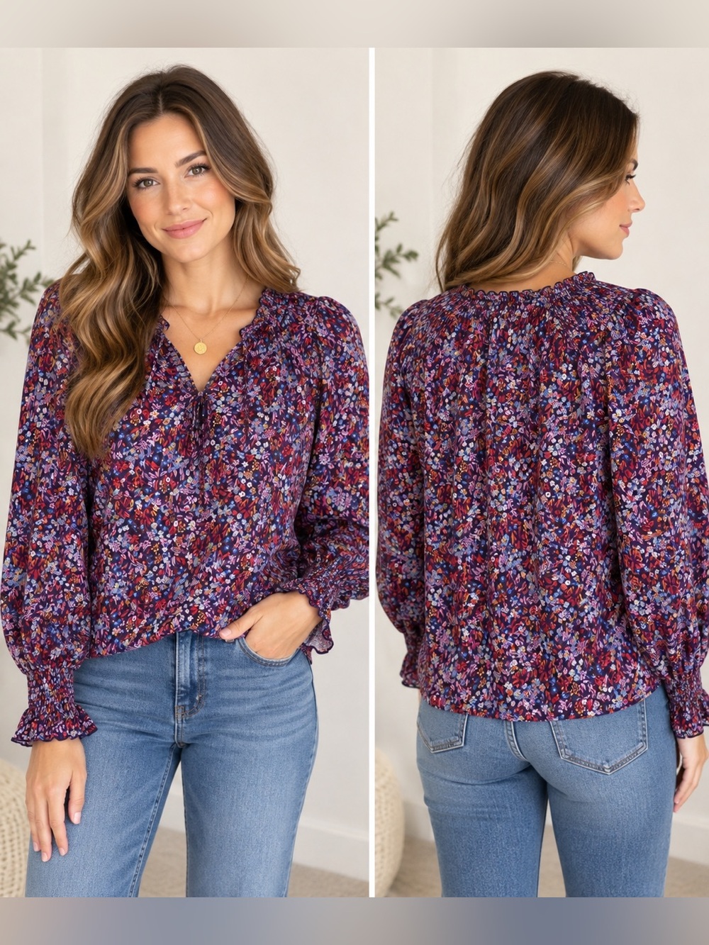 Dear John Floral Boho Smocked Peasant Blouse XL